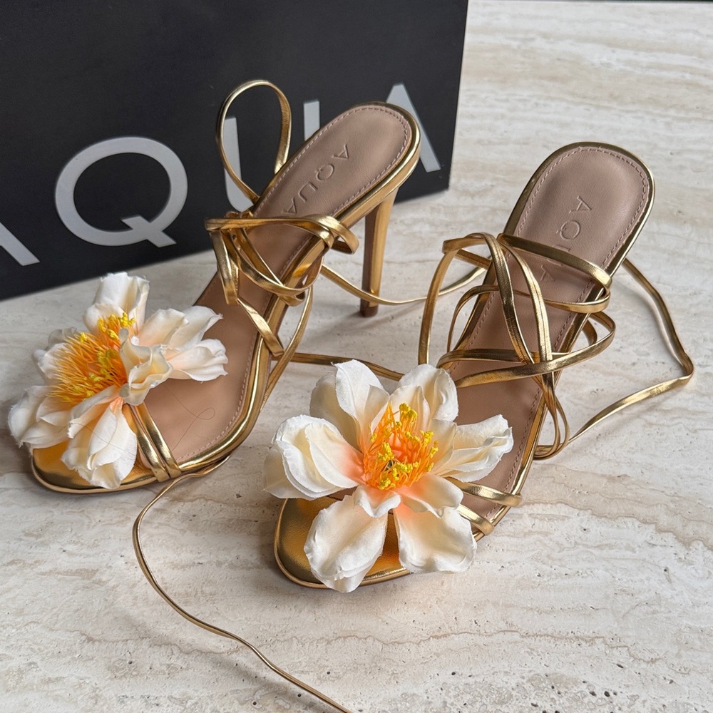 AQUA Gold Strappy High Heel Sandals with Ivory-Peach Floral Accent